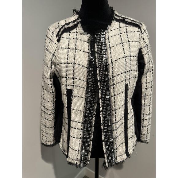 Urbanvibe Jackets & Blazers - Urbanvibe Blazer Jacket Womens large White Tweed Beaded Rhinestone Collarless